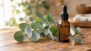 Eucalyptus leaves beside eucalyptus oil bottle