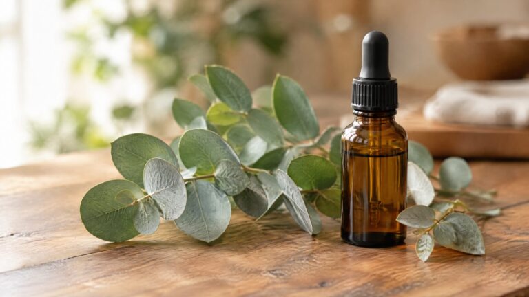 Eucalyptus leaves beside eucalyptus oil bottle