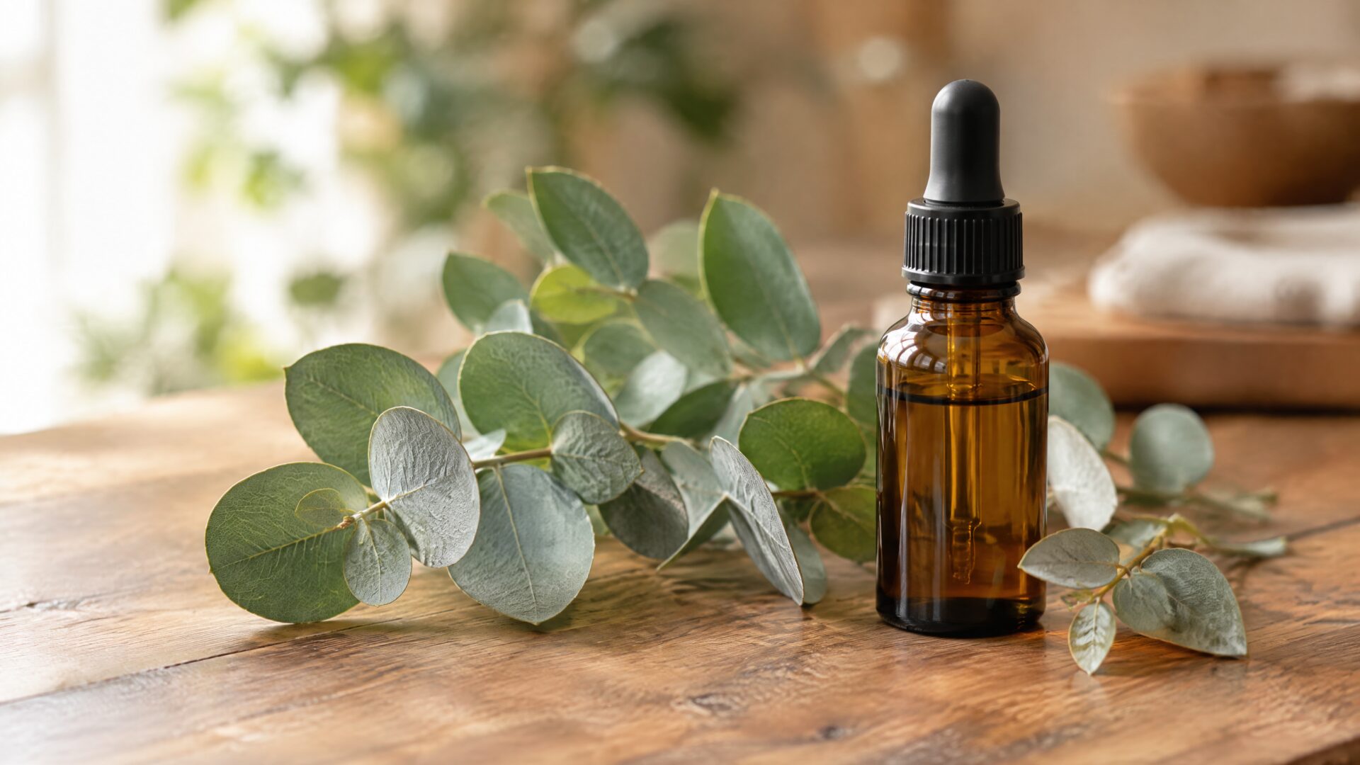Eucalyptus leaves beside eucalyptus oil bottle
