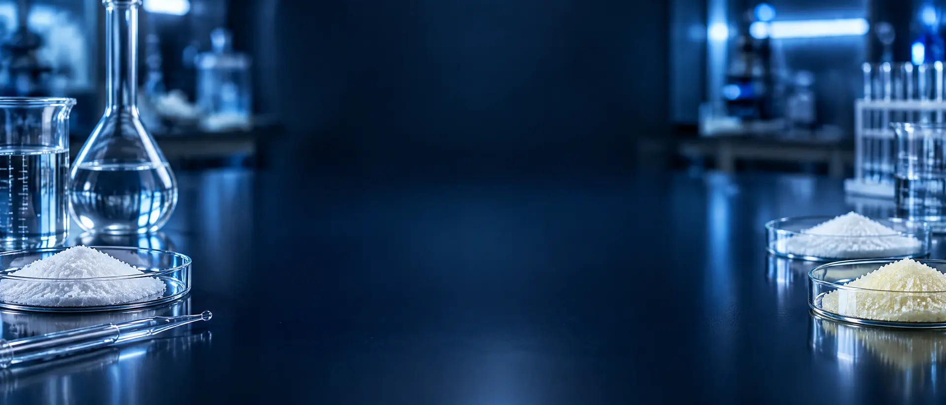Laboratory glassware with fine white crystalline powders on a dark navy bench