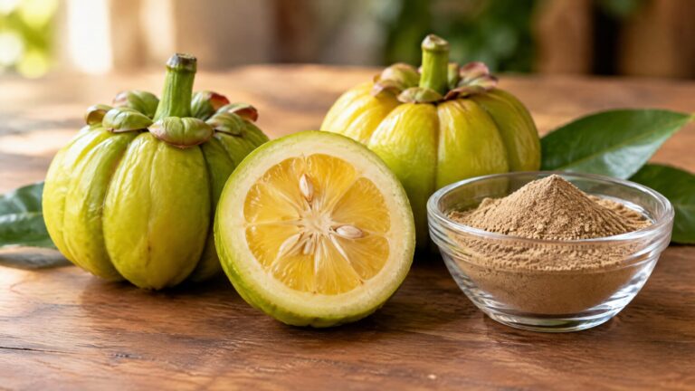 Garcinia cambogia fruit beside garcinia extract powder