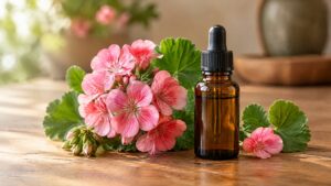 Geranium flowers beside geranium oil bottle