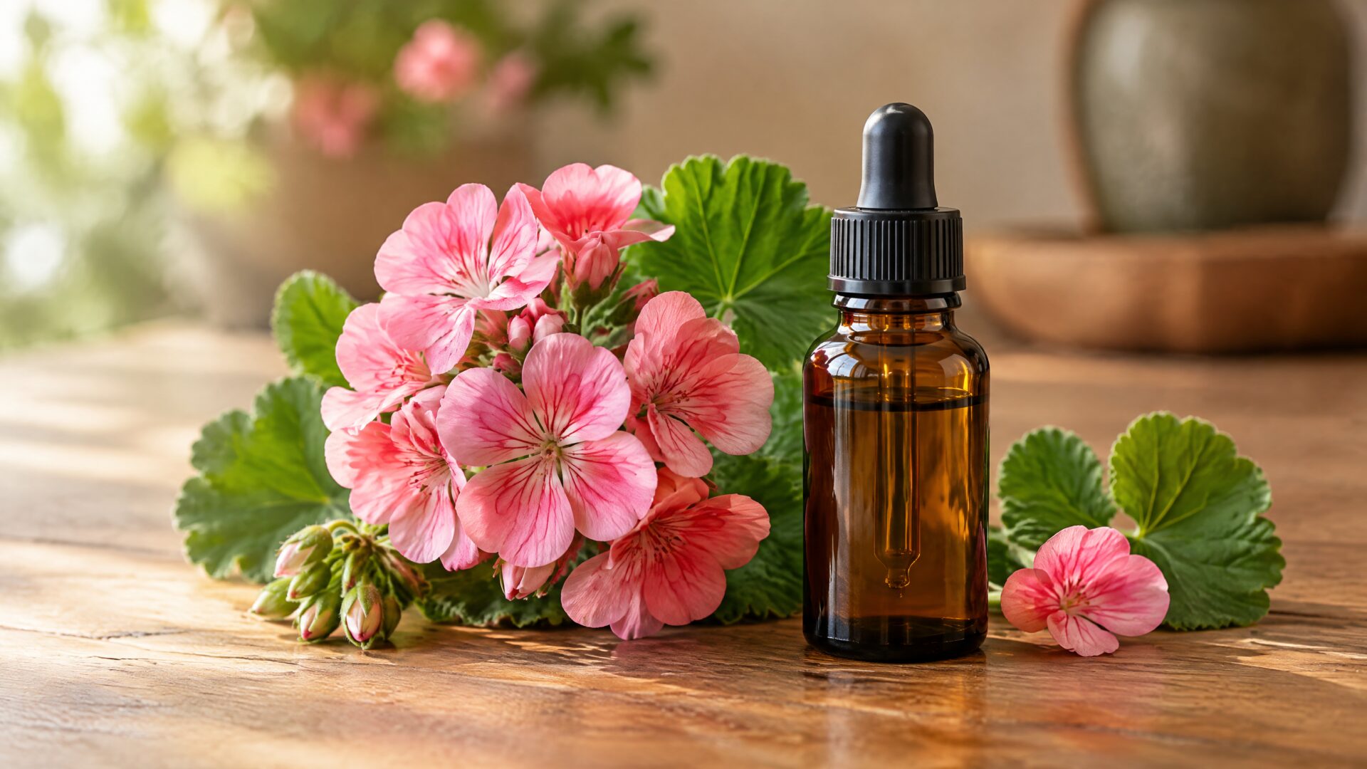 Geranium flowers beside geranium oil bottle