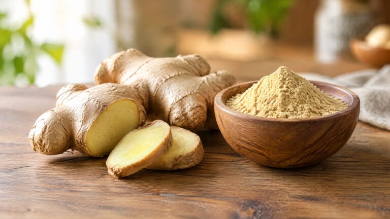 Fresh ginger root beside ginger powder