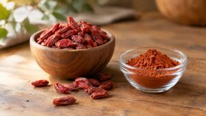Dried red goji berries in a wooden bowl beside goji berry powder