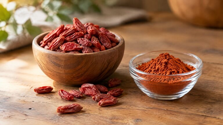 Dried red goji berries in a wooden bowl beside goji berry powder