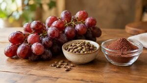 Red grapes and grape seeds beside grape seed extract powder