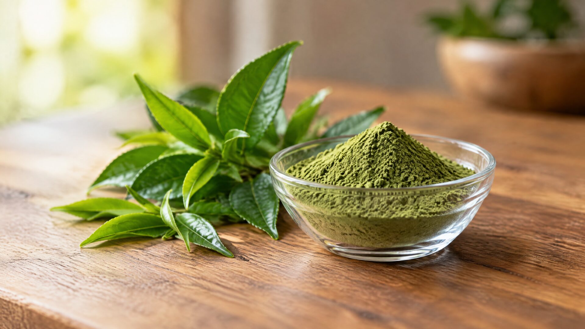 Green tea extract powder in a glass dish beside fresh green tea leaves