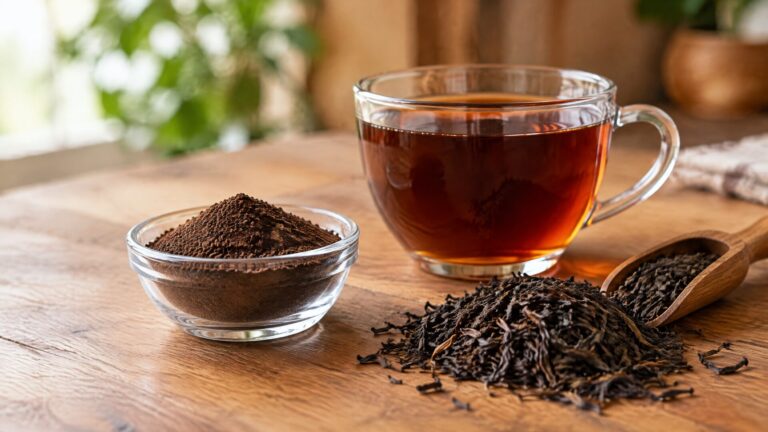 Instant black tea powder beside a cup of tea and tea leaves