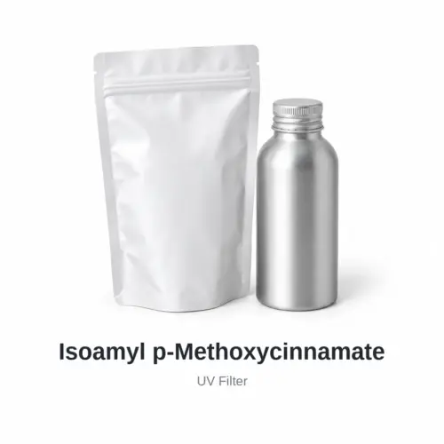 Isoamyl p-Methoxycinnamate cosmetic ingredient, sample containers on a white background