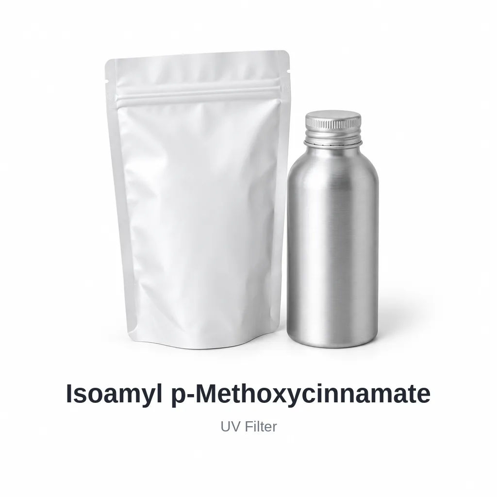 Isoamyl p-Methoxycinnamate cosmetic ingredient, sample containers on a white background