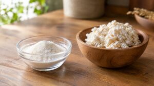 Kojic acid powder in a glass dish beside a bowl of fermented koji rice