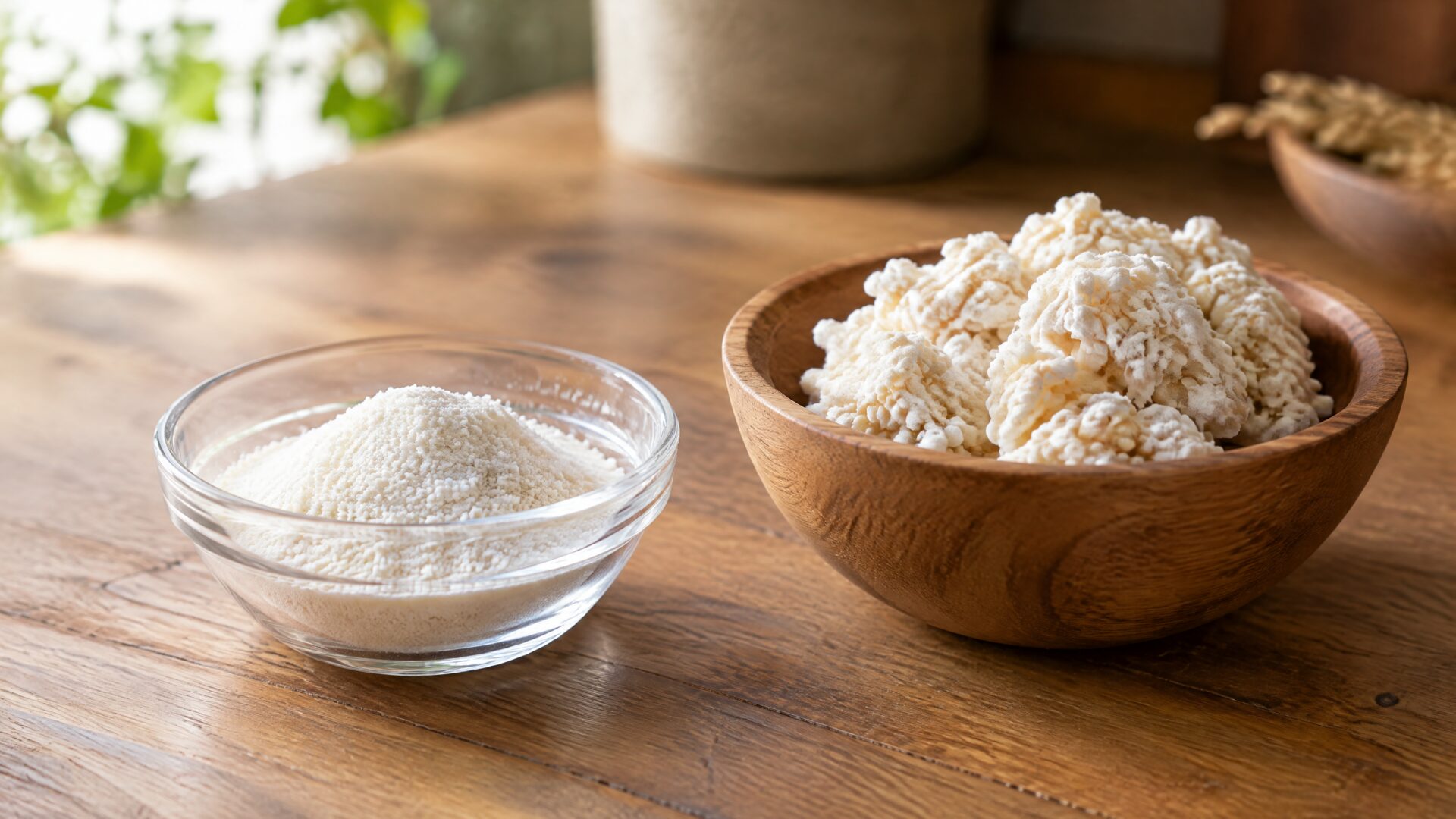 Kojic acid powder in a glass dish beside a bowl of fermented koji rice
