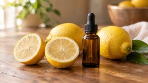 Fresh lemons beside lemon oil bottle