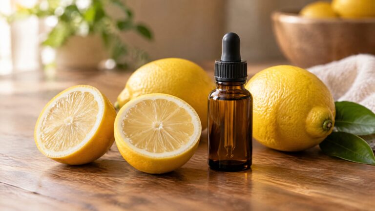 Fresh lemons beside lemon oil bottle
