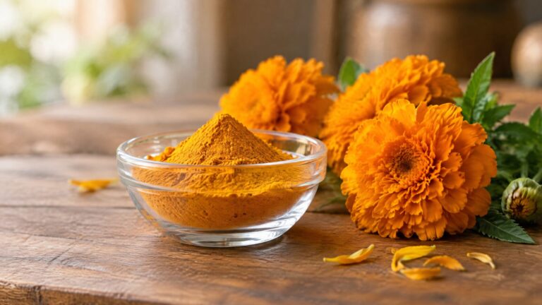 Lutein powder in a glass dish beside fresh orange marigold flowers