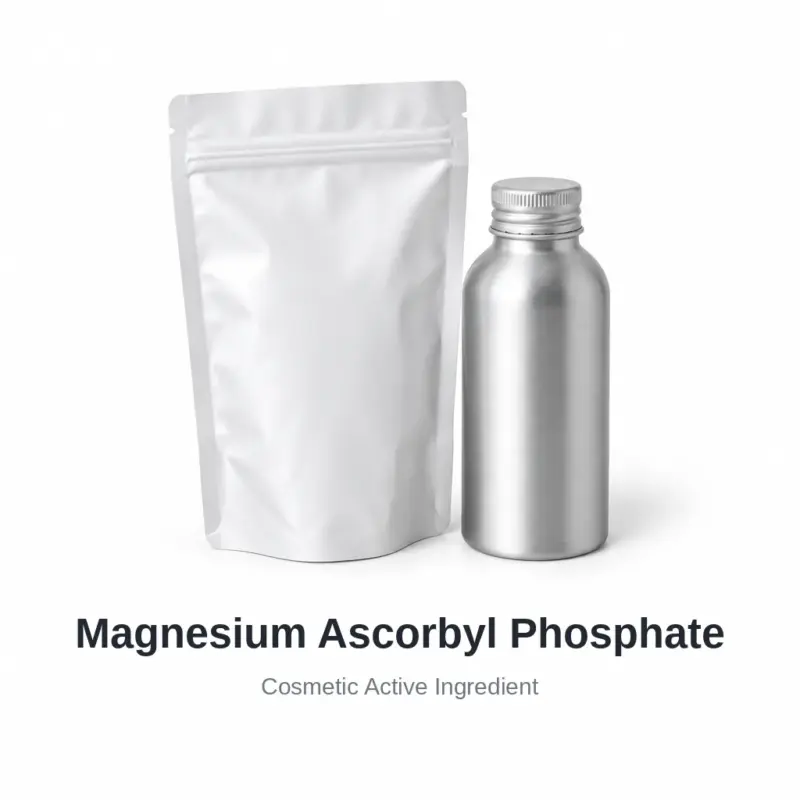 Magnesium Ascorbyl Phosphate cosmetic ingredient, sample containers on a white background