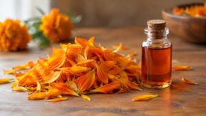 Fresh orange marigold petals beside a small glass vial of marigold lutein extract