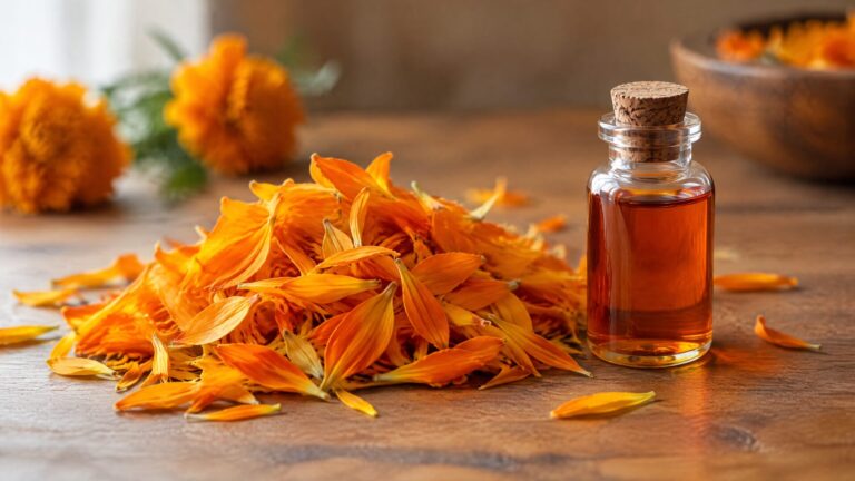 Fresh orange marigold petals beside a small glass vial of marigold lutein extract