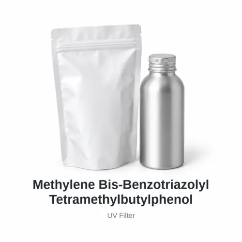 Methylene Bis-Benzotriazolyl Tetramethylbutylphenol cosmetic ingredient, sample containers on a white background