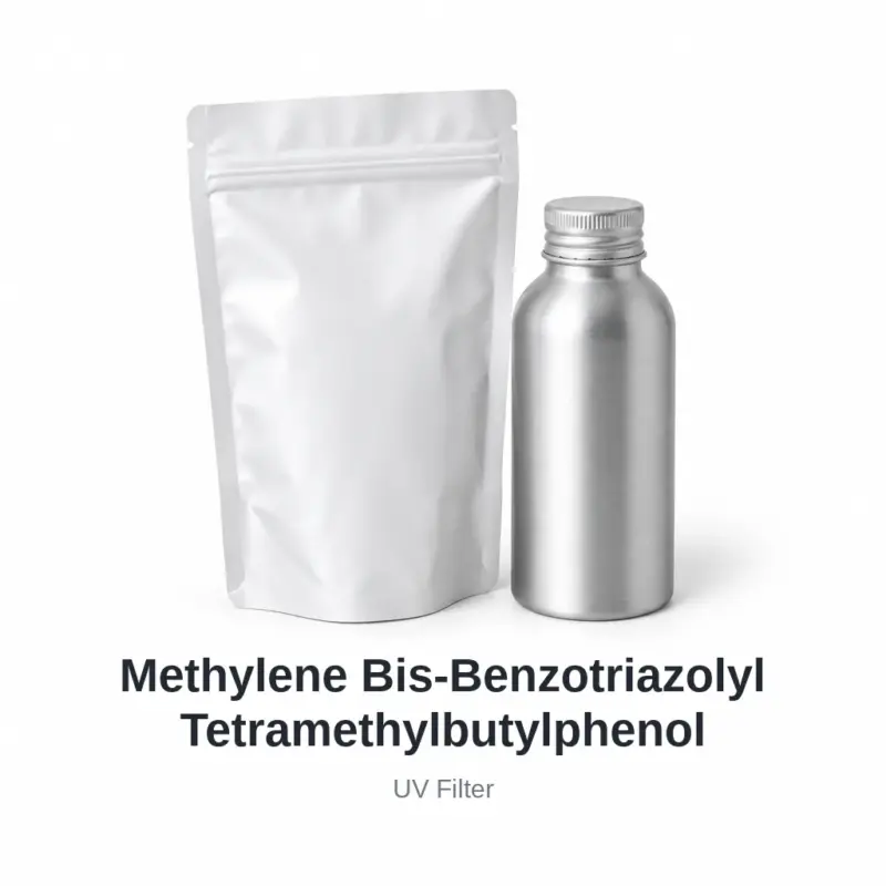 Methylene Bis-Benzotriazolyl Tetramethylbutylphenol cosmetic ingredient, sample containers on a white background