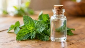 Fresh mint beside mint flavour liquid