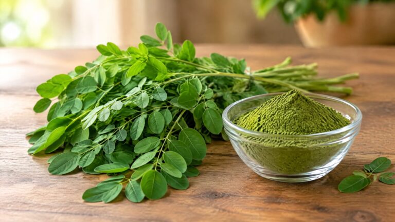 Fresh moringa leaves beside moringa extract powder