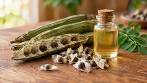 Moringa seed pods and seeds beside moringa seed extract