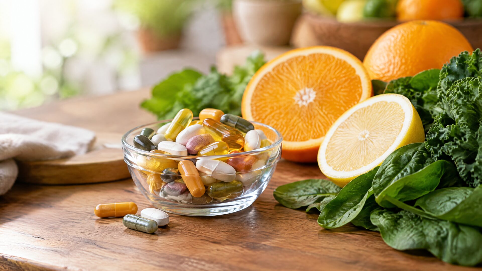 Vitamin capsules and tablets beside citrus and greens