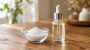 Niacinamide powder beside a serum bottle