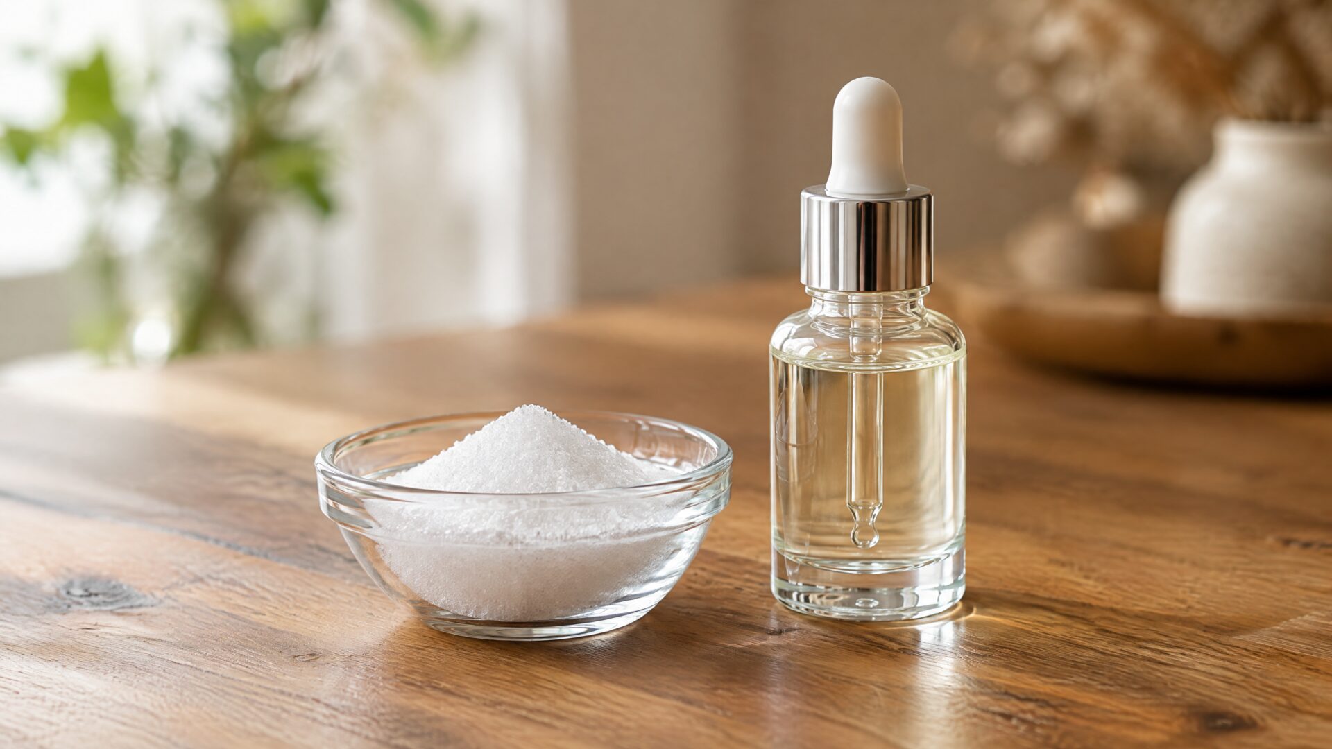 Niacinamide powder beside a serum bottle