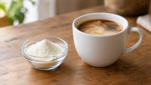 Non-dairy creamer powder in a glass dish beside a cup of coffee with cream