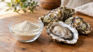 Oyster peptide powder beside fresh oysters