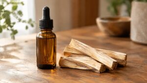 Palo santo essential oil in an amber dropper bottle beside palo santo wood sticks