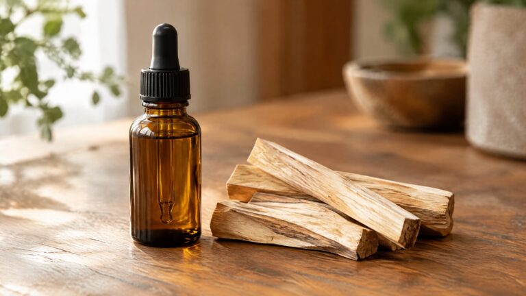 Palo santo essential oil in an amber dropper bottle beside palo santo wood sticks