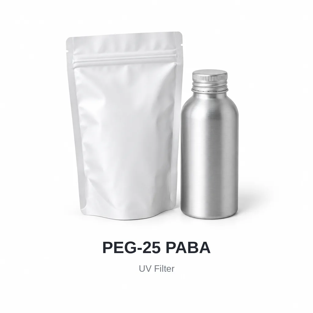 PEG-25 PABA cosmetic ingredient, sample containers on a white background