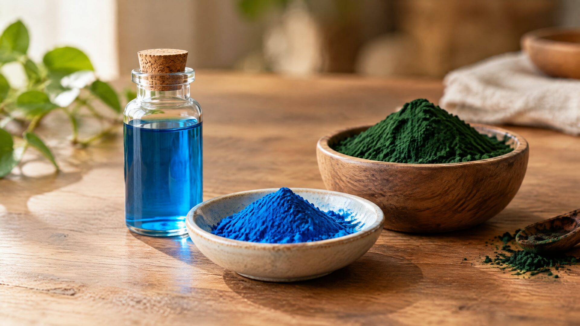 Phycocyanin blue extract and powder beside spirulina