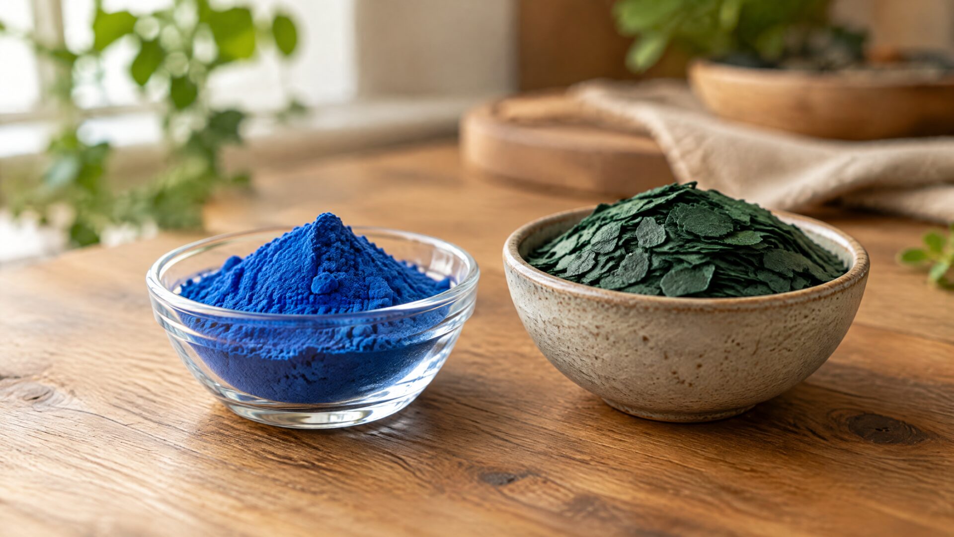 Blue phycocyanin powder beside green spirulina flakes