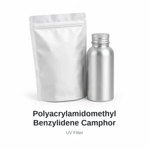 Polyacrylamidomethyl Benzylidene Camphor cosmetic ingredient, sample containers on a white background