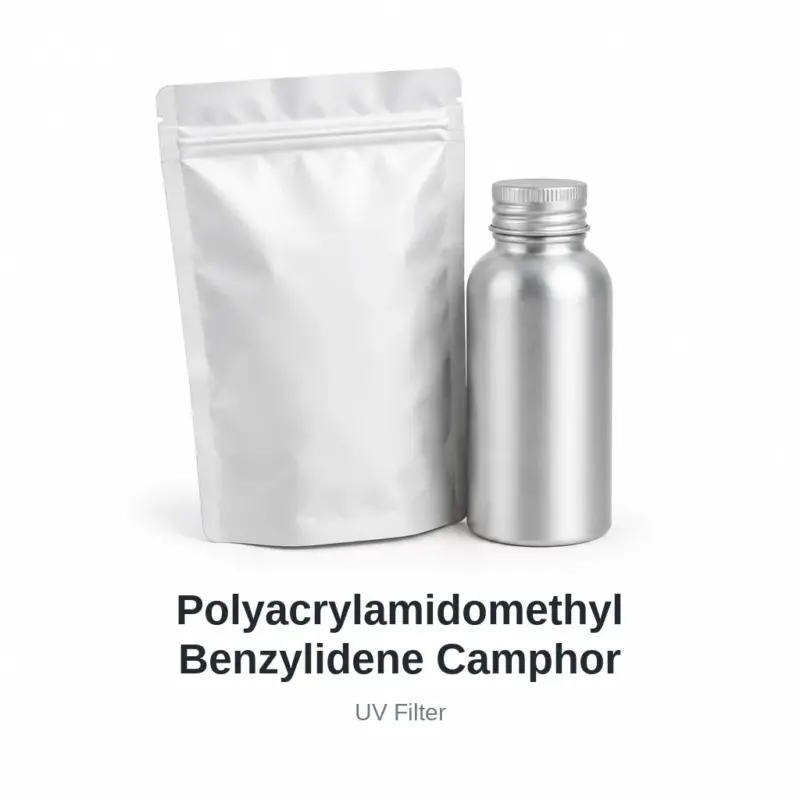 Polyacrylamidomethyl Benzylidene Camphor cosmetic ingredient, sample containers on a white background