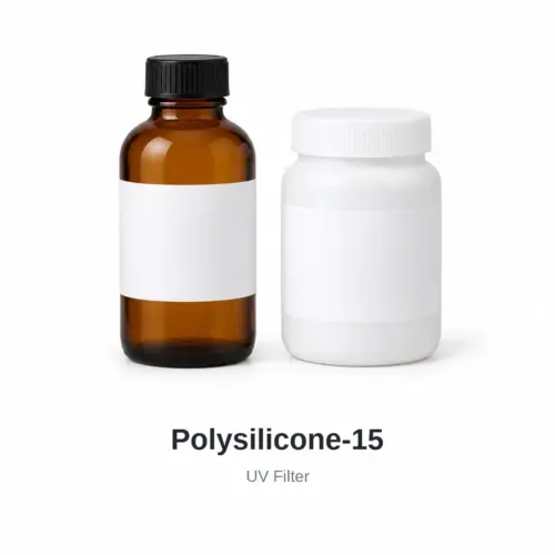 Polysilicone-15 cosmetic ingredient, sample containers on a white background