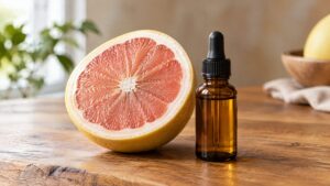 Halved pomelo beside pomelo oil bottle