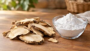 Kudzu root slices beside kudzu powder