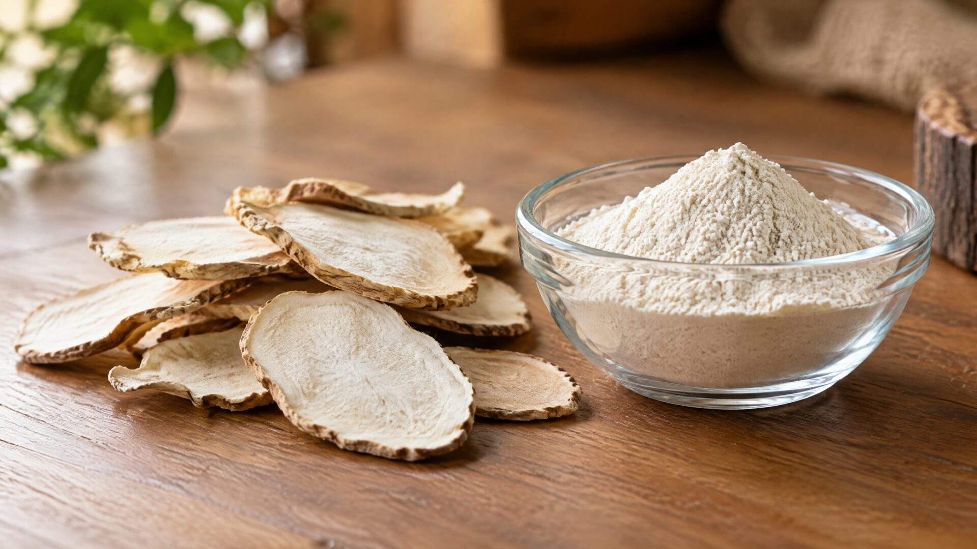 Pueraria mirifica root slices beside root powder