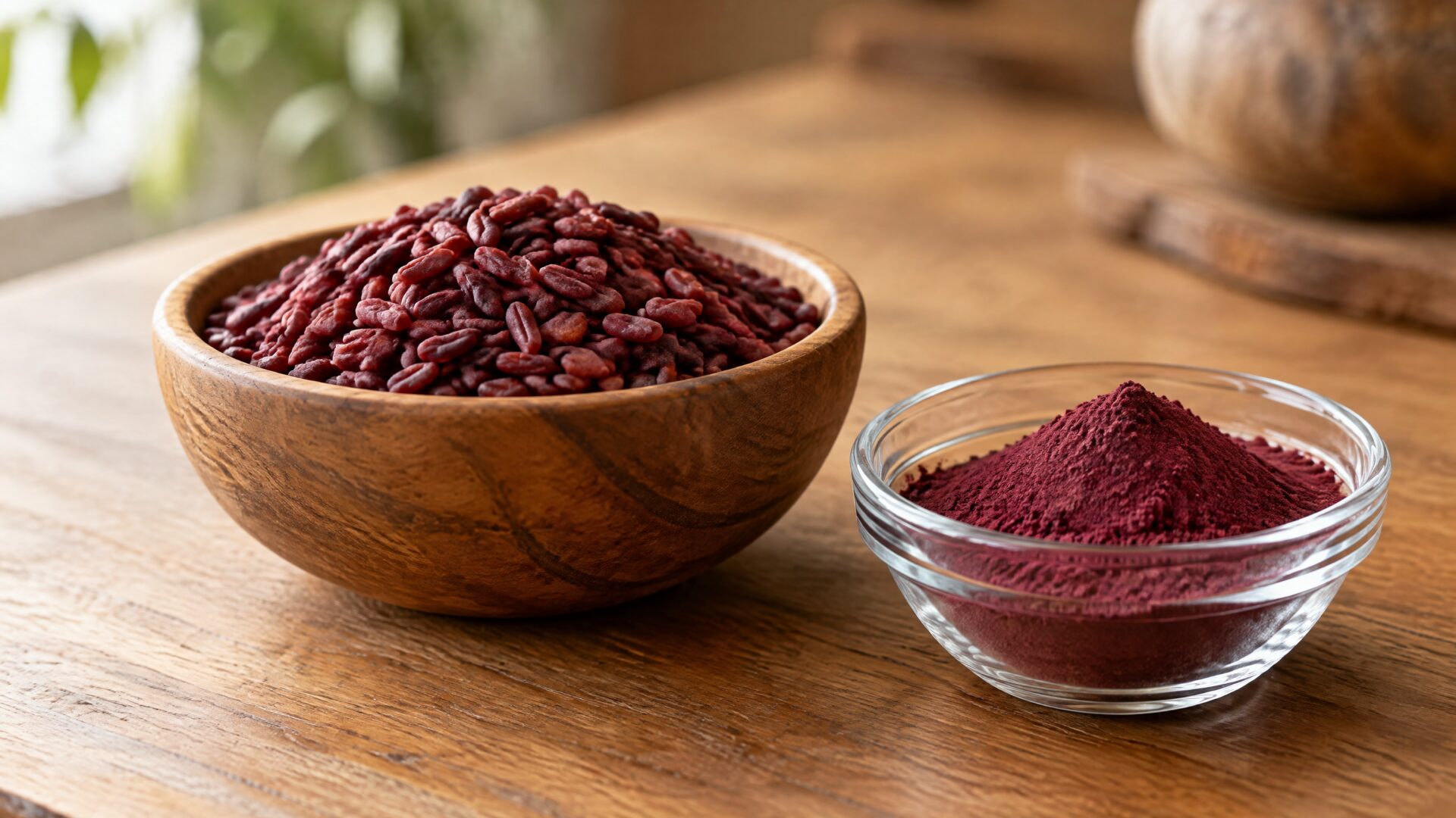 Red yeast rice grains beside red yeast rice extract powder