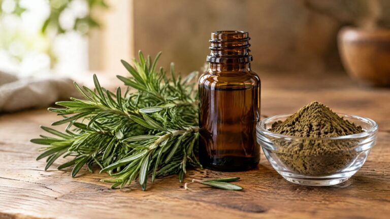 Rosemary sprigs beside rosemary extract