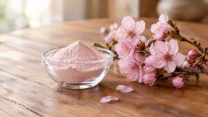 Sakura extract powder in a glass dish beside fresh pink cherry blossoms