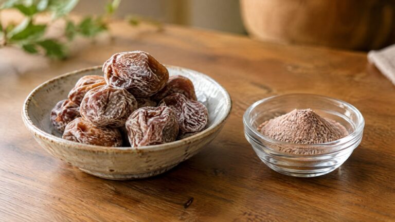 Dried salted plums beside salted plum powder