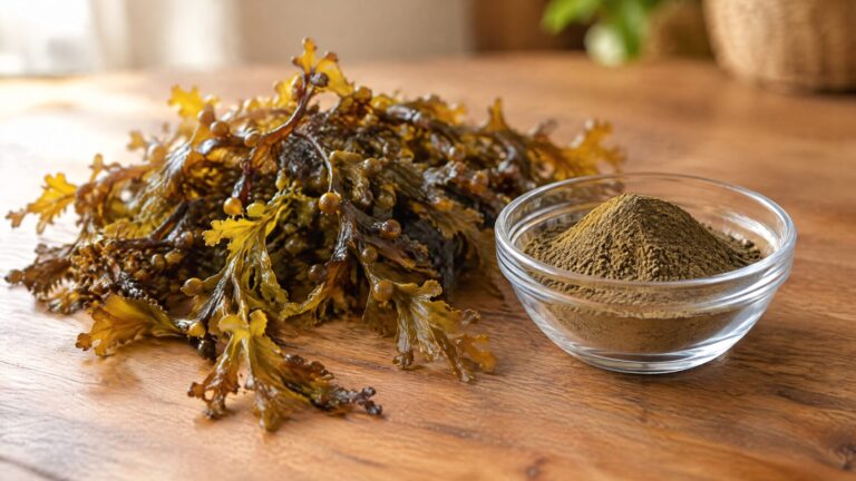 Brown sargassum seaweed beside sargassum extract powder