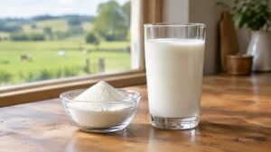 Skim milk powder beside a glass of milk